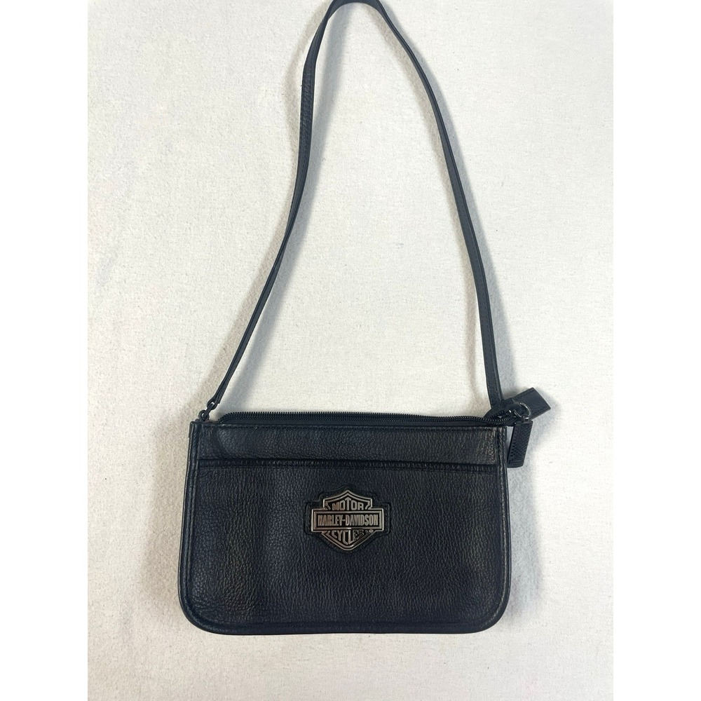 Harley-Davidson Zip Sm Shoulder Bag Black Pebbled Logo Striped Multicolor Lining